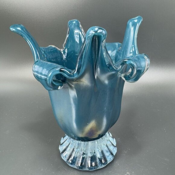 1980s Art Glass Abstract Vase Bowl Centerpiece Teal Blue Iridescent Finish Glass - Picture 10 of 15